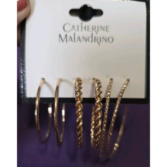 Catherine Malandrino Set Of Three Pairs Gold Tone Hoop Earrings 1.5" & 2" New - Picture 1 of 10